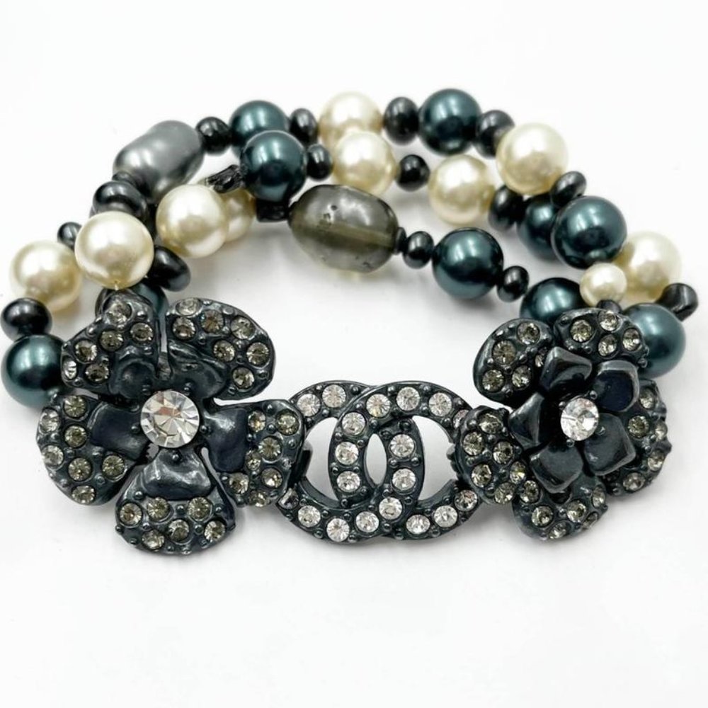 Chanel Vintage Rare Gunmetal CC Flower Crystal Grey Pearl 3 Strand Bracelet